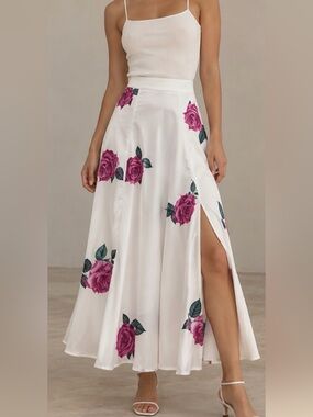 Floral White Maxi Skirt with Pink Rose Print